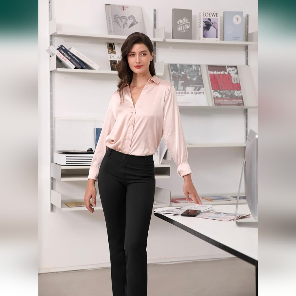 Straight Leg I Classic Dress Pants for Women, Faux Pockets Ponte Casual Work Pan